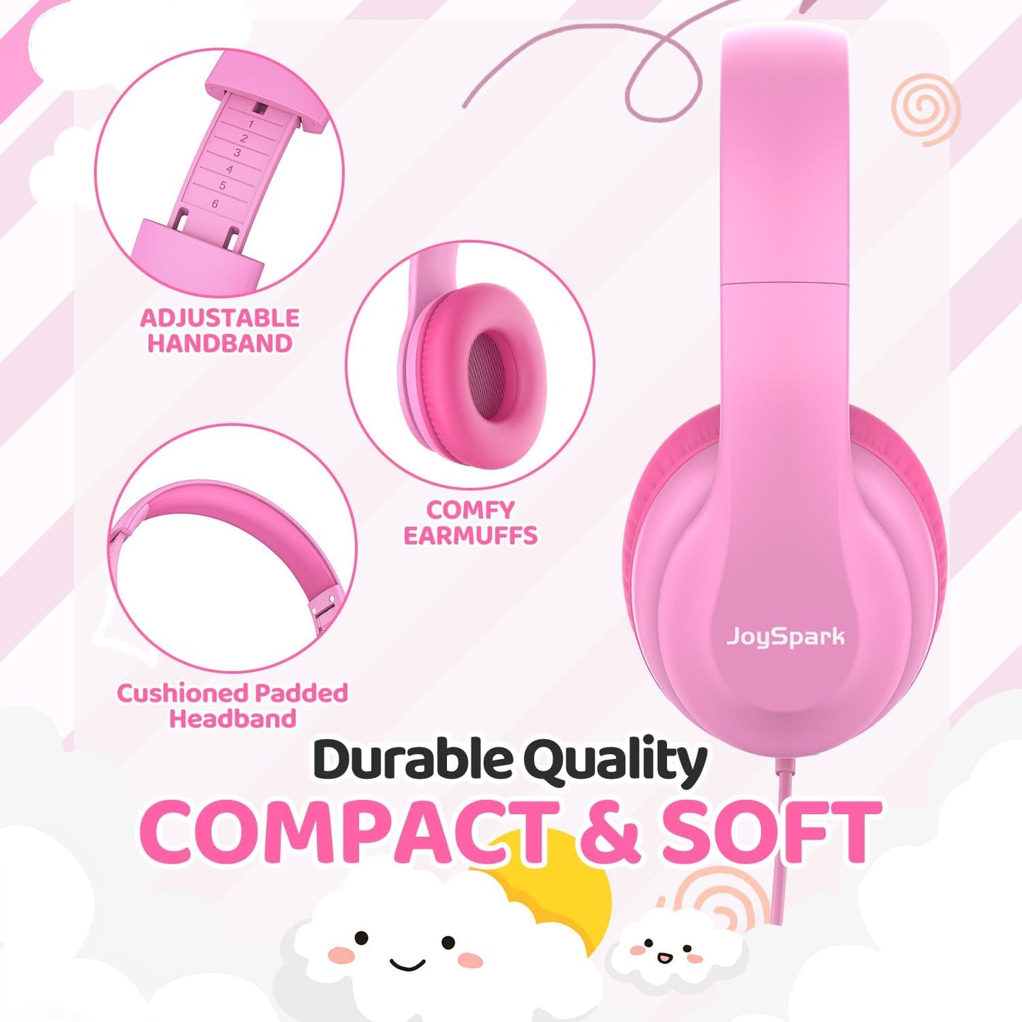 Wired Headphones for Kids, 85Db Volume Limit, 3.5Mm Kids Headphones with Cord, Adjustable, Stereo Sound Foldable Toddler Headsets for School-Pink