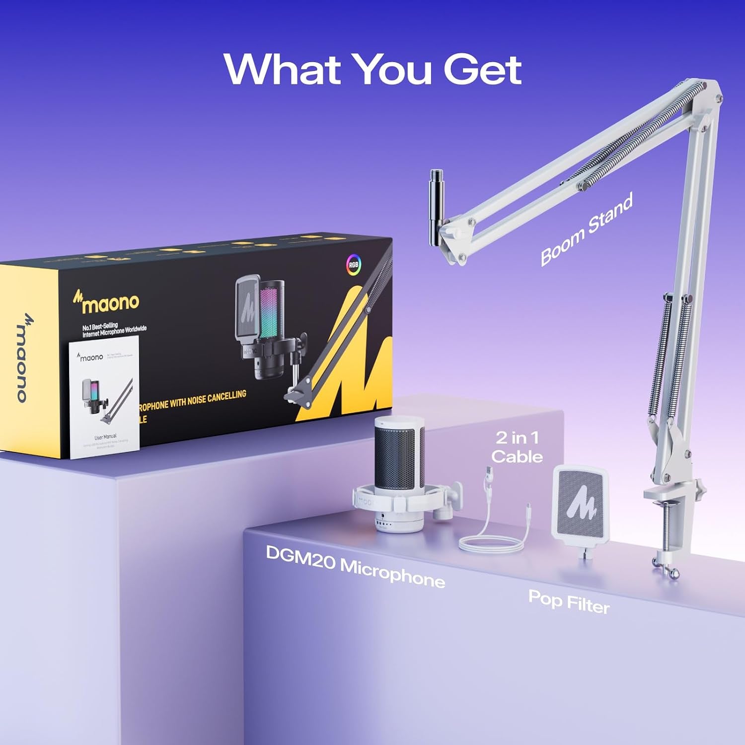 DGM20S USB Microphone for PC with Clear Voice & Noise Reduction | RGB Lighting, Tap-To-Mute, Gain Control, Monitoring and Boom Arm for Discord Gaming, Streaming, Content Creation.White