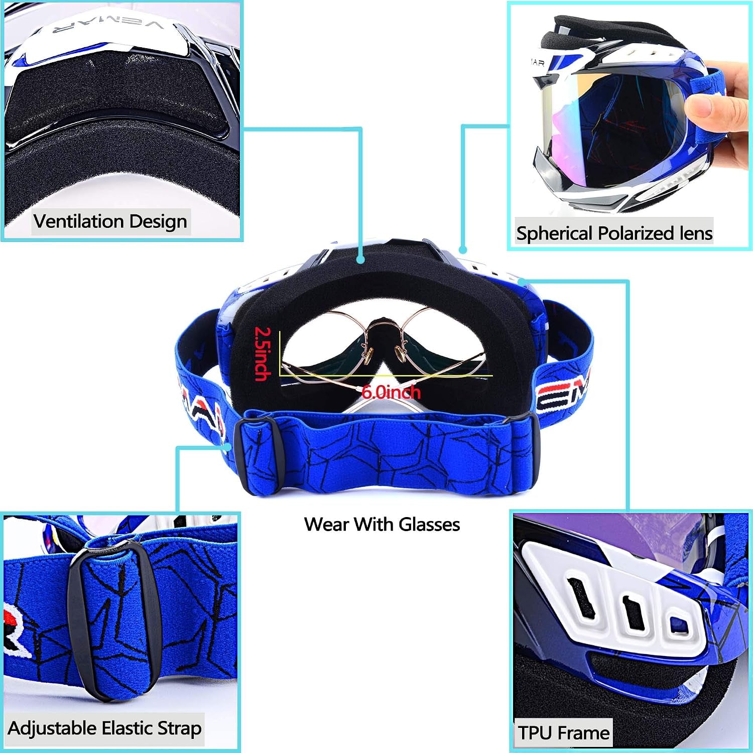 Motorcycle Motocross Goggles ATV Racing Goggles Dirt Bike Tactical Riding Motorbike Goggle Glasses, Bendable Windproof Dustproof Scratch Resistant Protective Safety Glasses (Blue)