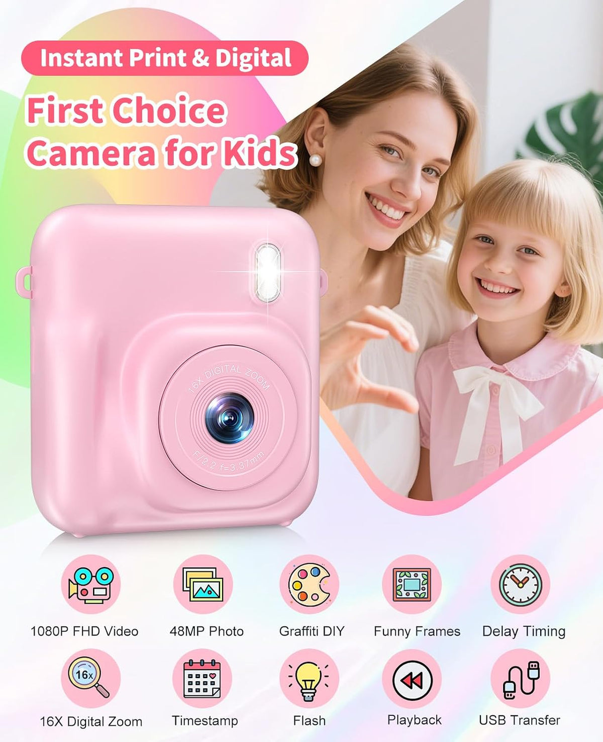 Kids Camera Instant Print, 1080P Dual-Lens Digital Camera for Kids, Pink