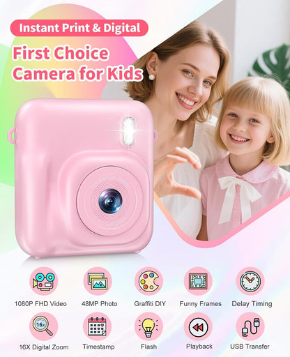 Kids Camera Instant Print, 1080P Dual-Lens Digital Camera for Kids, Pink