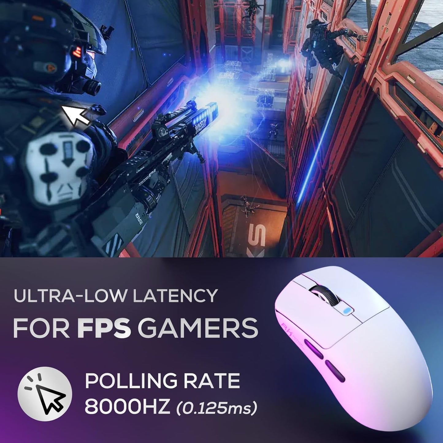 RK M3 Gaming Mouse with 42000 DPI PAW3950 Optical Sensor 47G Lightweight Tri-Mode 2.4G/Usb-C/Bluetooth Wireless Mouse 8000Hz Polling Rate with 5 Programmable Buttons White
