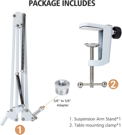 White Boom Arm for Fifine K688 - Mic Boom Arm Compatible with Fifine Microphone, Mic Boom Arm with 3/8" to 5/8" Screw Adapter Clip, Microphone Boom Arm with Desk Clamp