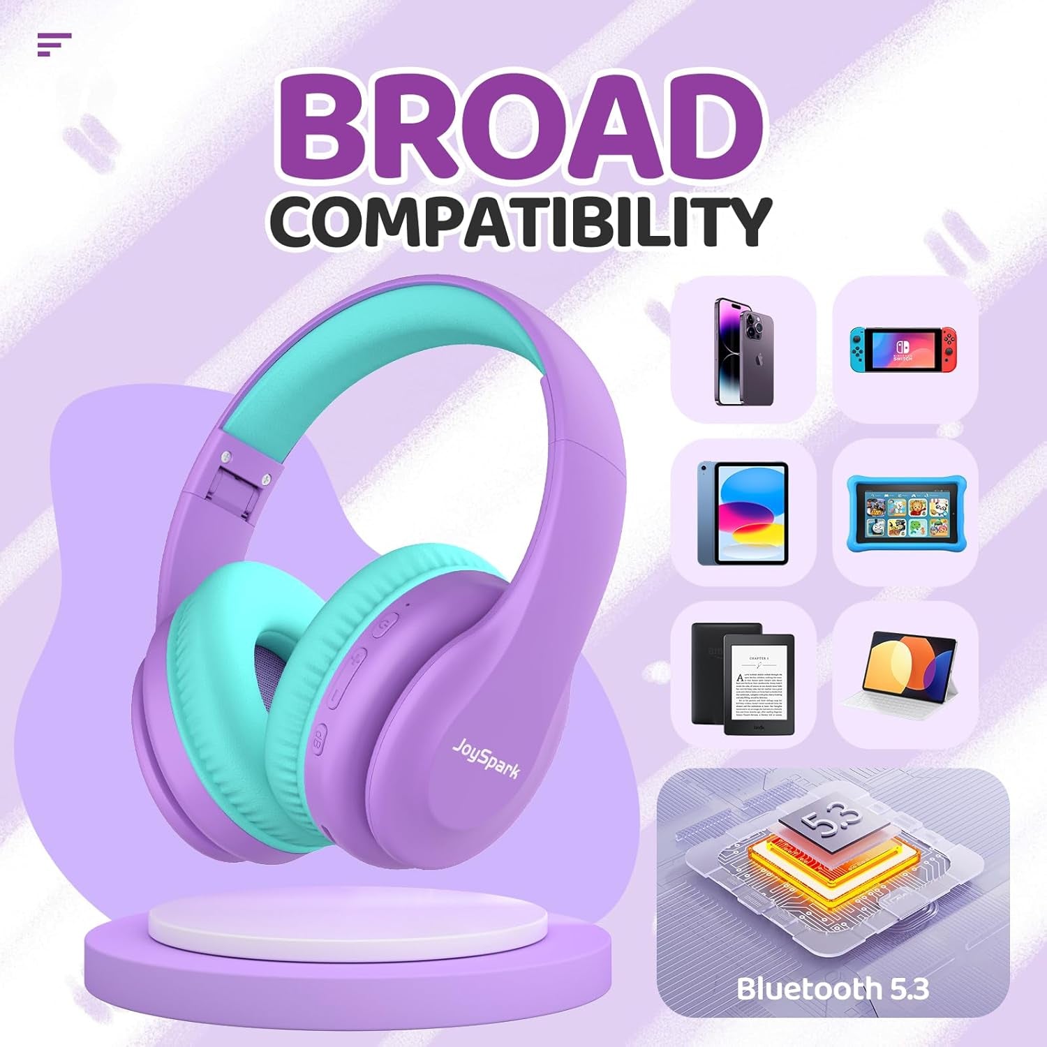 Kids Bluetooth Headphones Over-Ear, 60Hrs, Built-In Mic-Purple