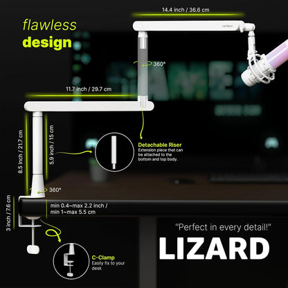 White Microphone Boom Arm Stand Low Profile Boom Arm Adjustable Mic Stand with Built in Cable Management 360° Swivel Mic Arm.