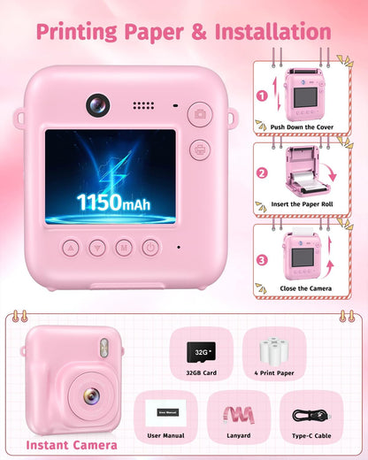 Kids Camera Instant Print, Dual Lens, with Print Paper, 32GB Card(Pink)
