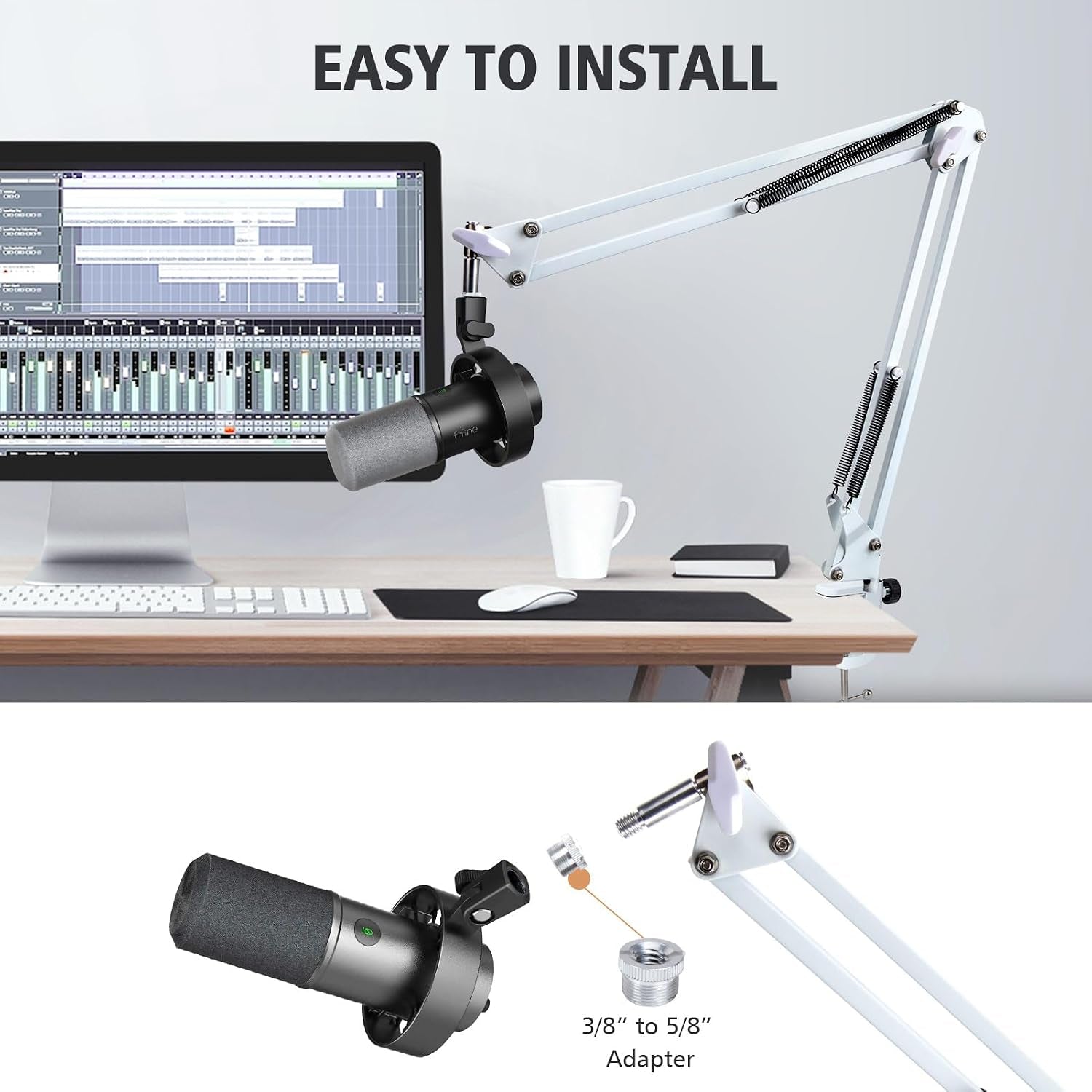 White Boom Arm for Fifine K688 - Mic Boom Arm Compatible with Fifine Microphone, Mic Boom Arm with 3/8" to 5/8" Screw Adapter Clip, Microphone Boom Arm with Desk Clamp