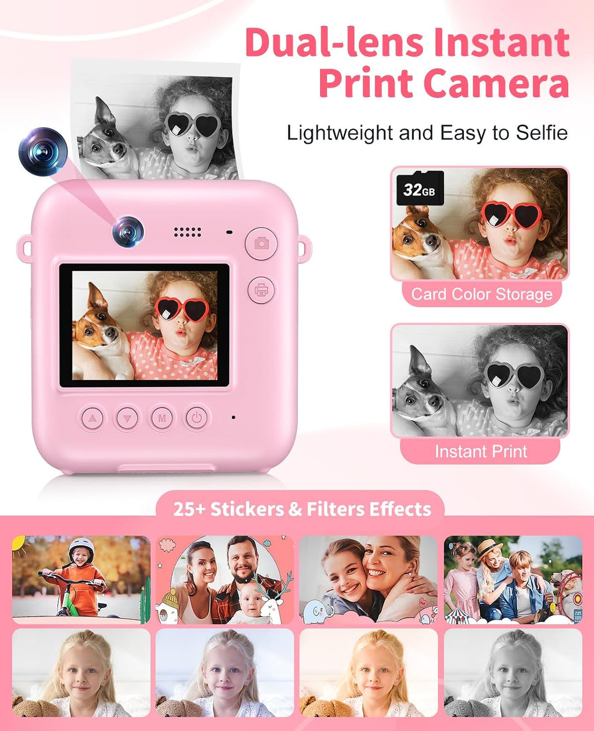 Kids Camera Instant Print, 1080P Dual-Lens Digital Camera for Kids, Pink