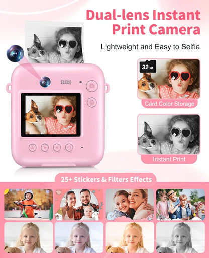 Kids Camera Instant Print, 1080P Dual-Lens Digital Camera for Kids, Pink
