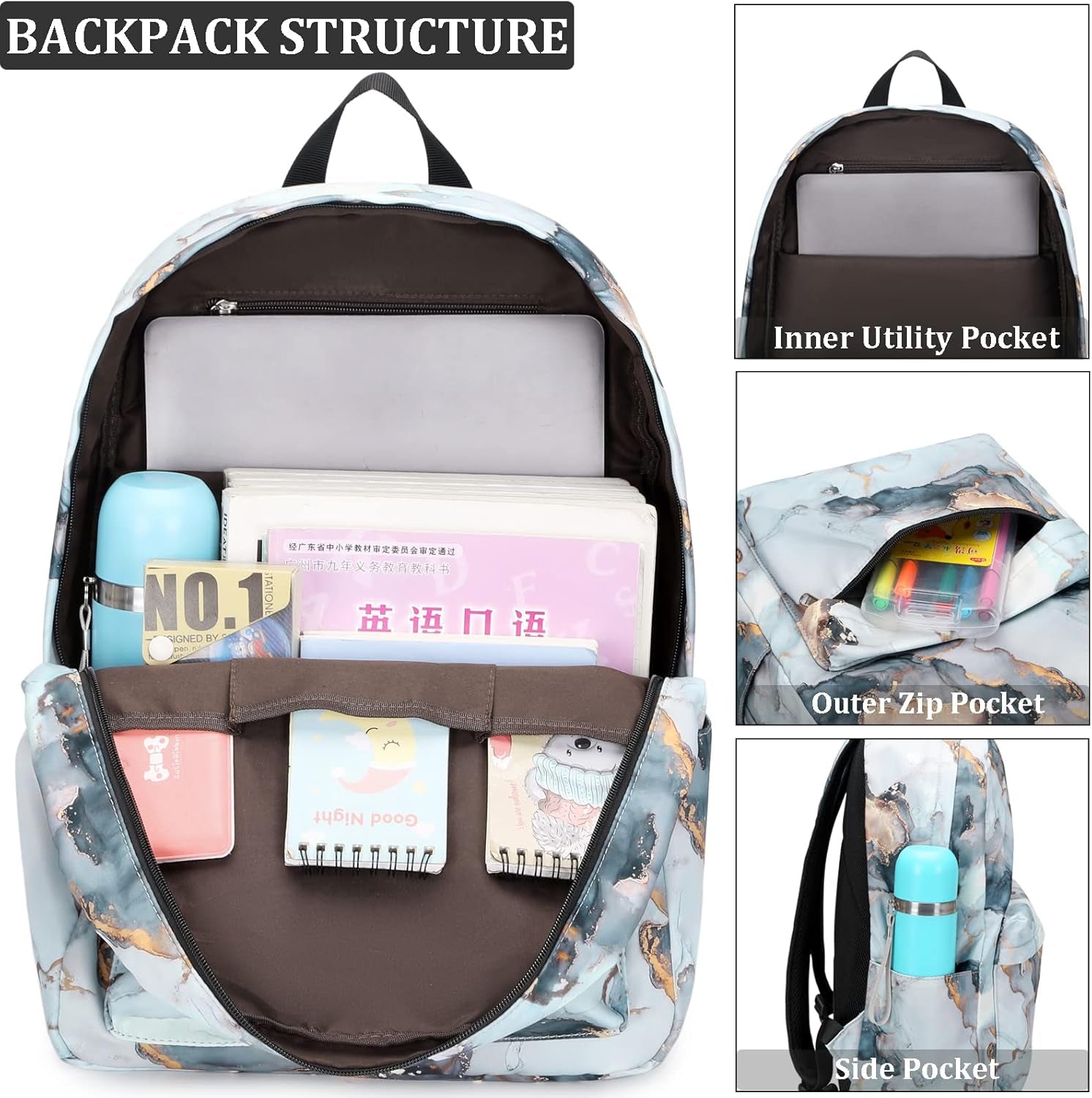Backpack for Girls, Marble Girls Backpack with Lunch Box Kids School Bag Travel Back Packs