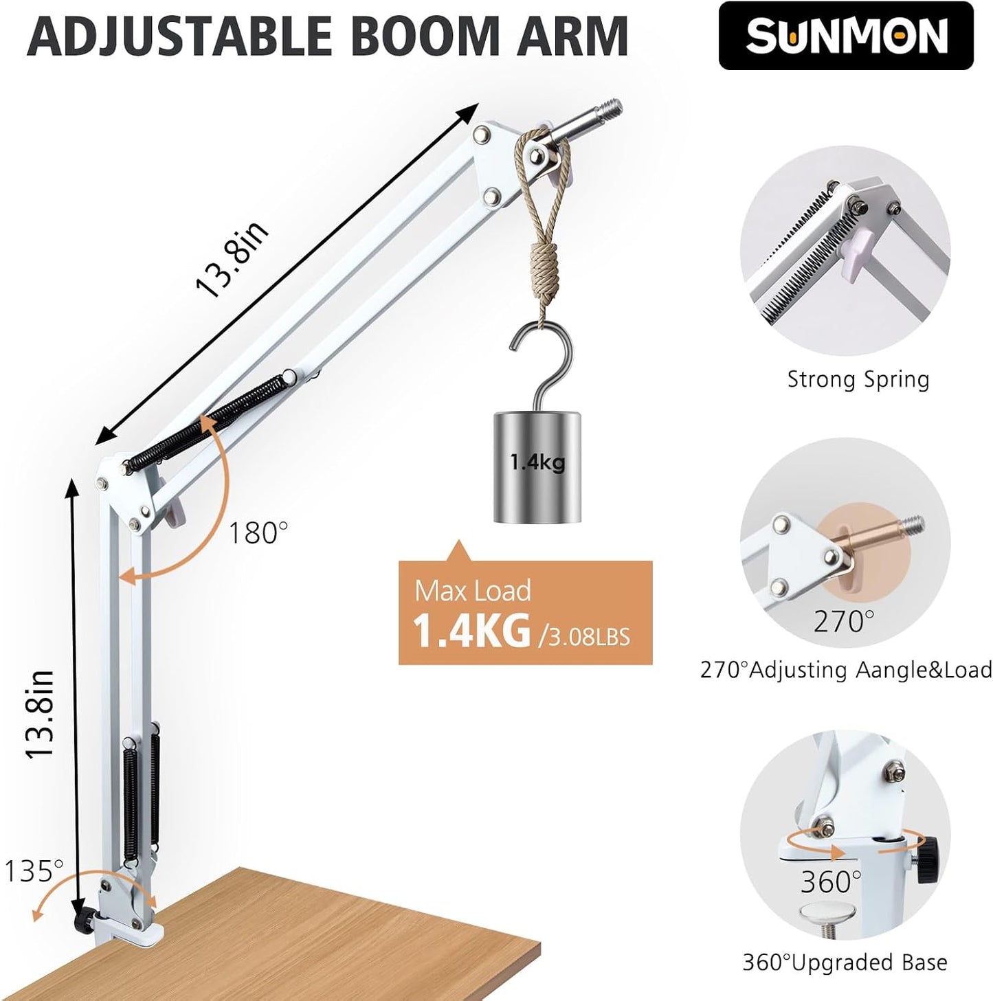 White Boom Arm for Fifine K688 - Mic Boom Arm Compatible with Fifine Microphone, Mic Boom Arm with 3/8" to 5/8" Screw Adapter Clip, Microphone Boom Arm with Desk Clamp