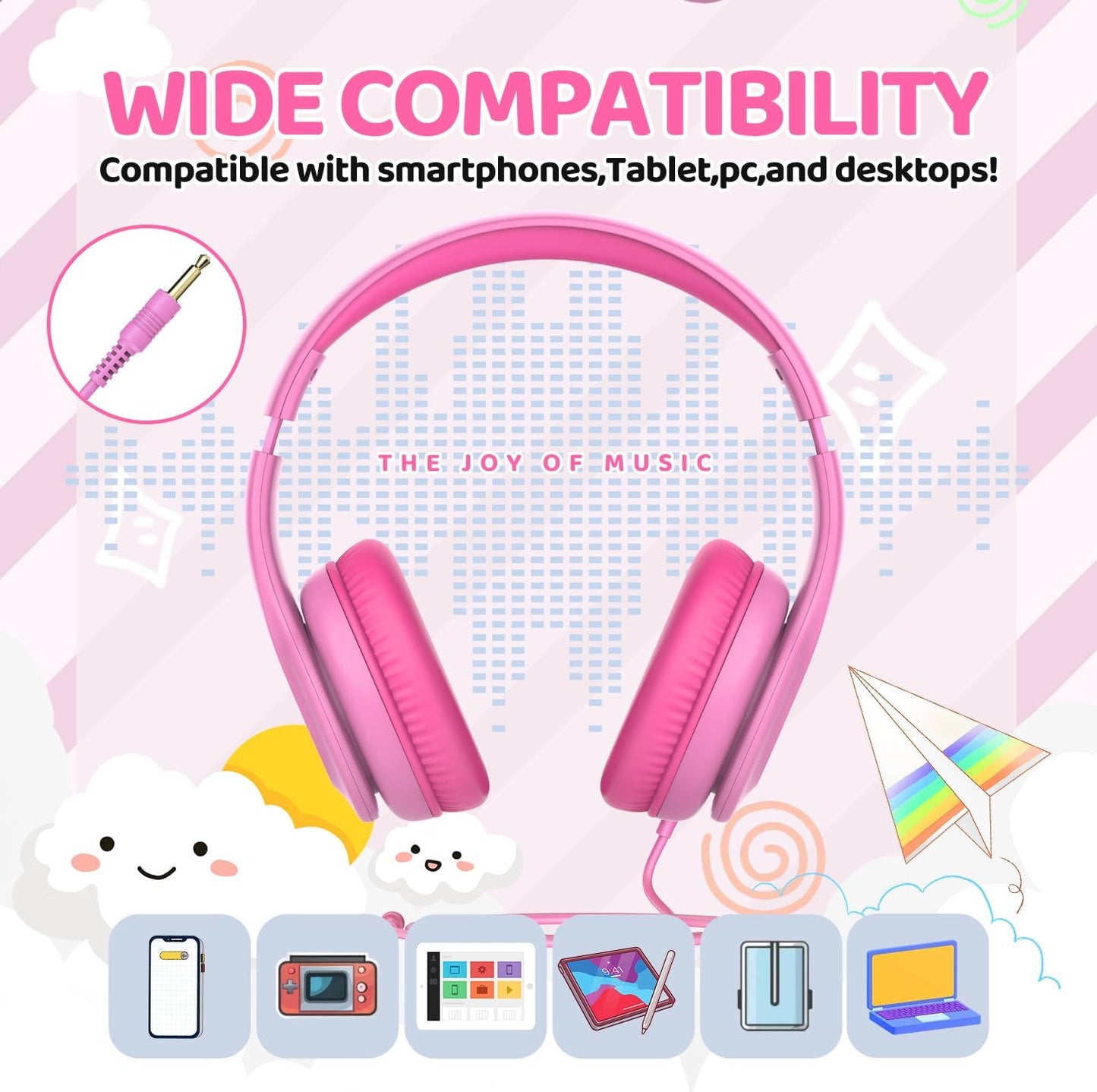 Wired Headphones for Kids, 85Db Volume Limit, 3.5Mm Kids Headphones with Cord, Adjustable, Stereo Sound Foldable Toddler Headsets for School-Pink