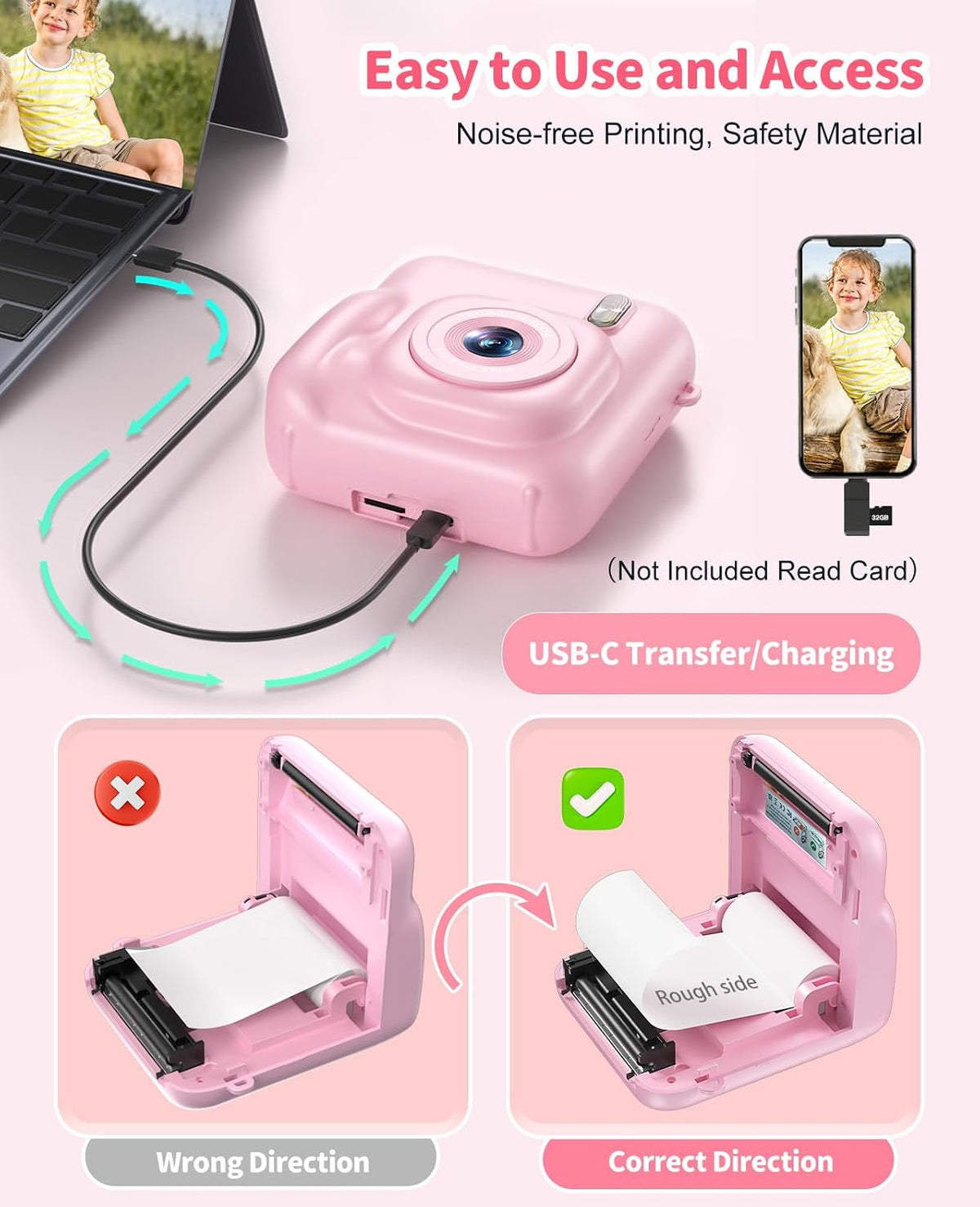 Kids Camera Instant Print, 1080P Dual-Lens Digital Camera for Kids, Pink