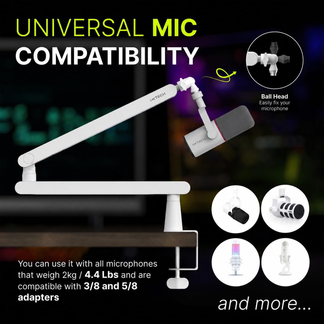 White Microphone Boom Arm Stand Low Profile Boom Arm Adjustable Mic Stand with Built in Cable Management 360° Swivel Mic Arm.