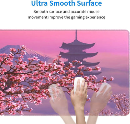 Japanese Sakura Flower Extended Mouse Pad 31.5X11.8 Inch XL Pink Cherry Blossom Non-Slip Rubber Base Large Mousepad with Stitched Edges Waterproof Keyboard Mouse Mat Desk Pad for Office Home Game