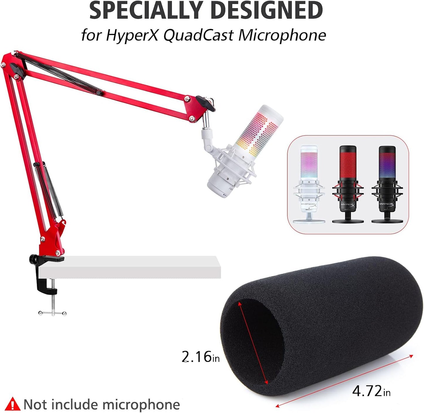 Hyperx Quadcast Boom Arm - Upgraded Red Boom Arm with Windscreen, Sound Insulation and Noise Reduction, Hyperx Quadcast Microphone Arm with 3/8" to 5/8" Adapter