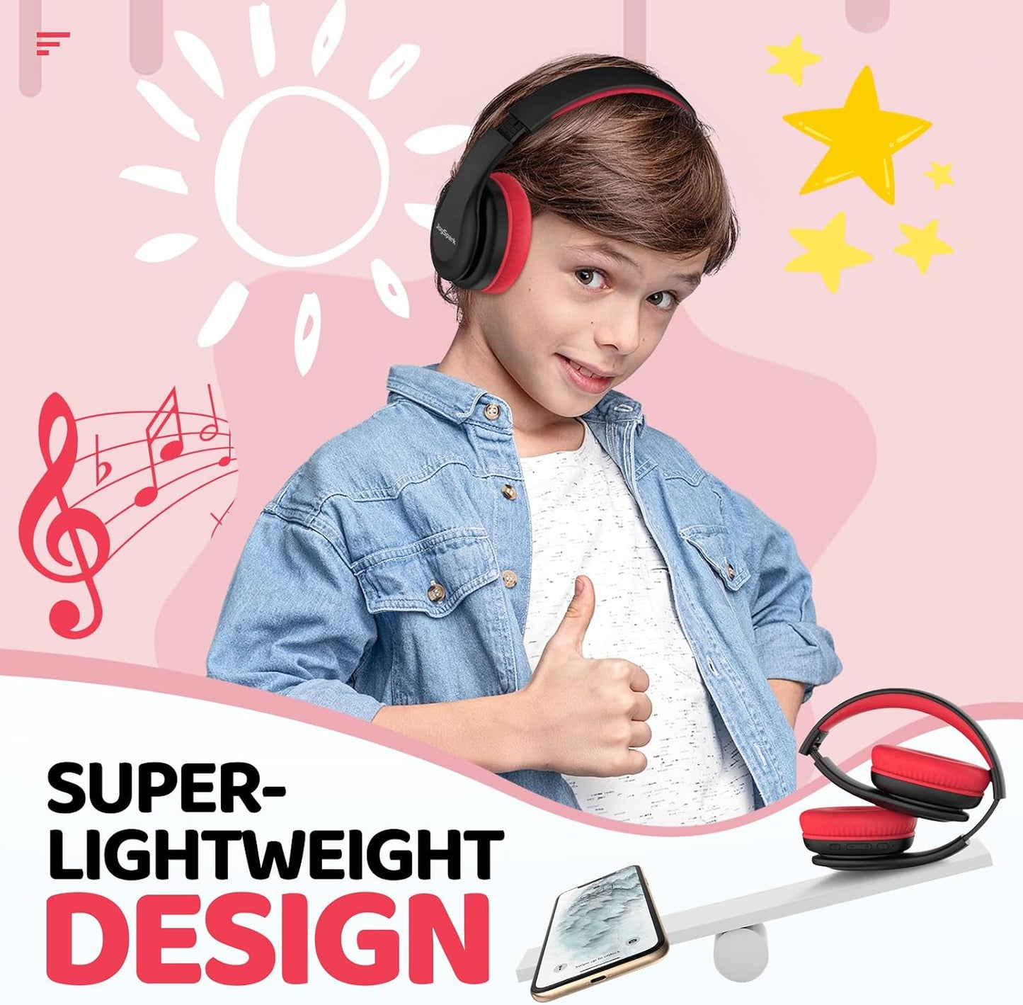 Kids Bluetooth Headphones Over-Ear, 60Hrs, Built-In Mic-Black