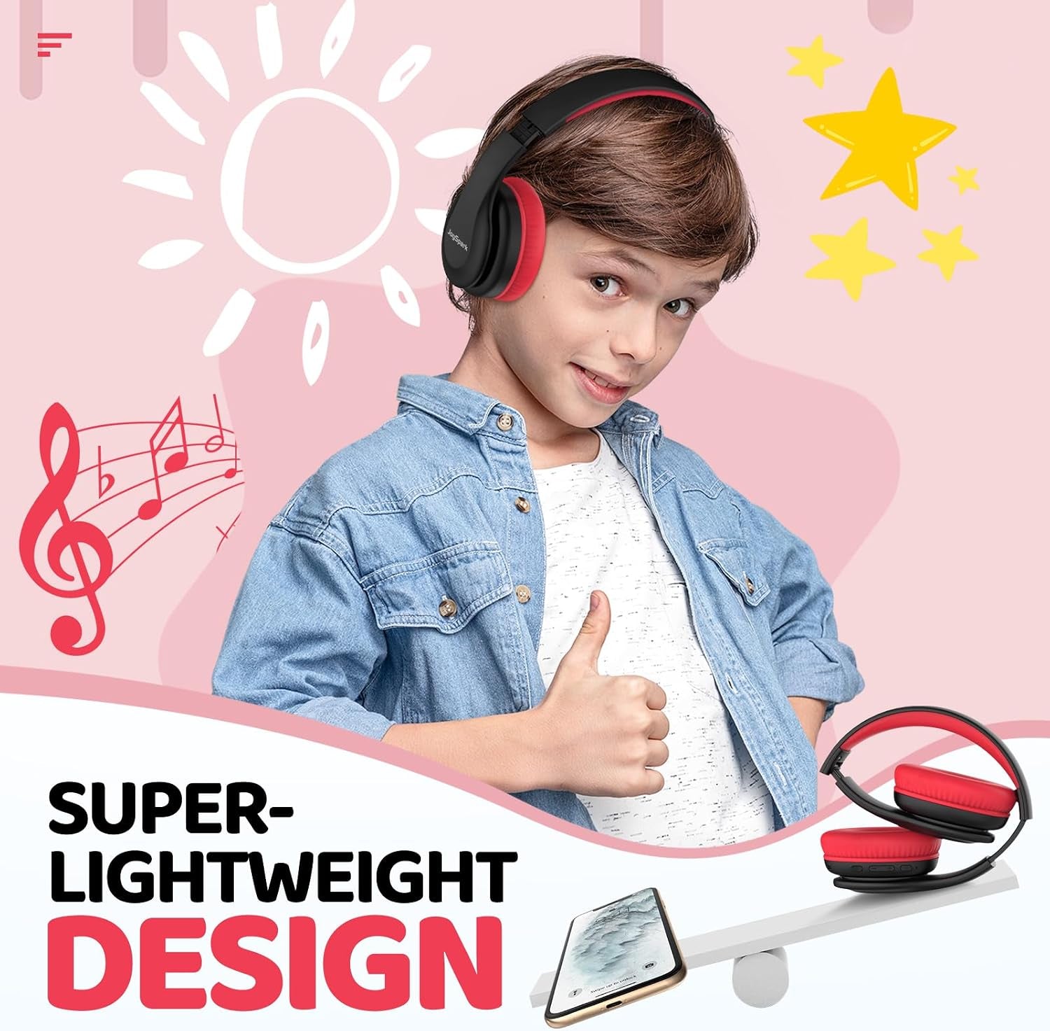 Kids Bluetooth Headphones Over-Ear, 60Hrs, Built-In Mic-Black