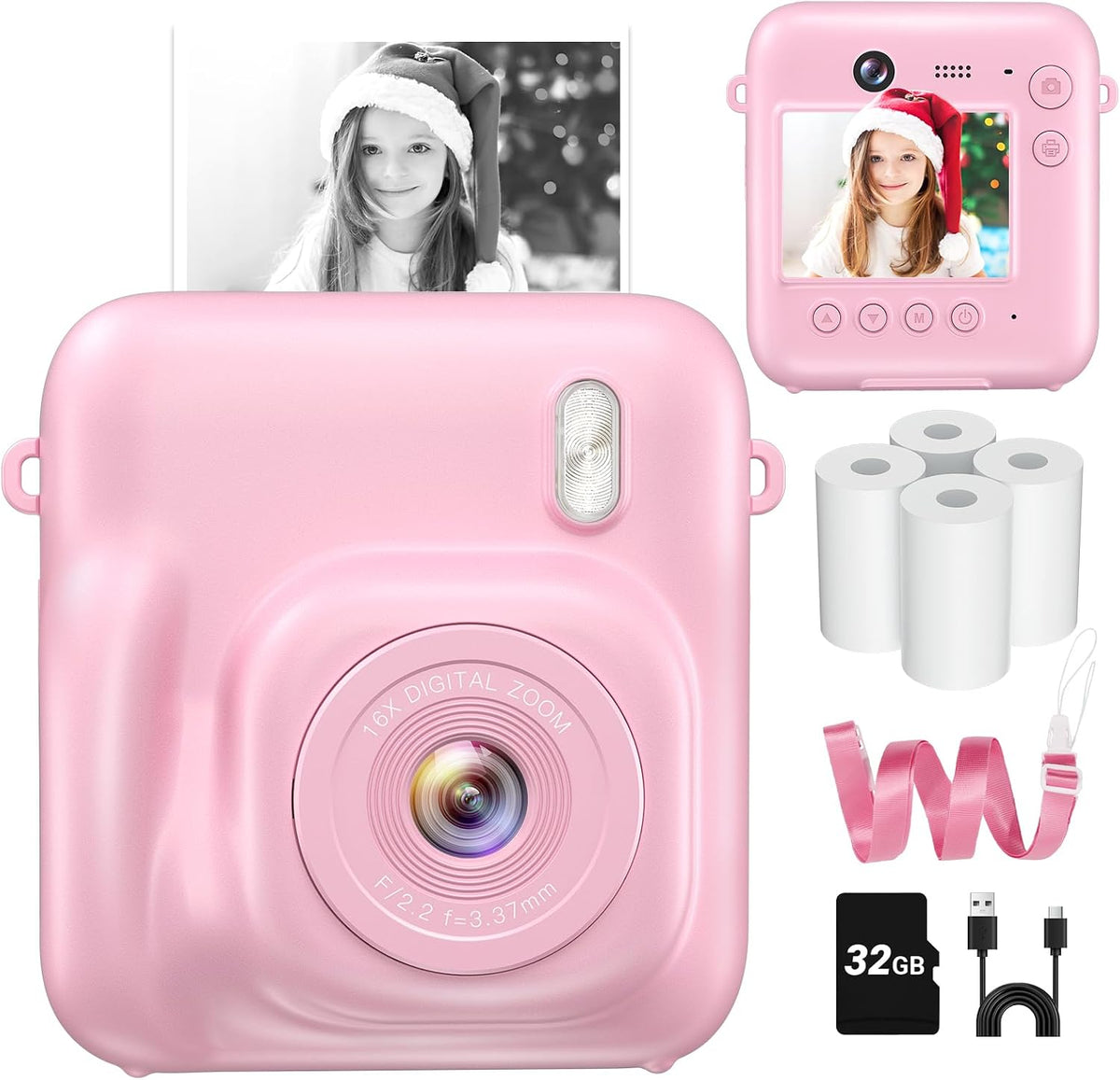 Kids Camera Instant Print, Dual Lens, with Print Paper, 32GB Card(Pink)