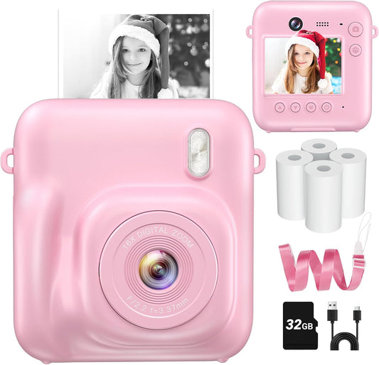 Kids Camera Instant Print, Dual Lens, with Print Paper, 32GB Card(Pink)