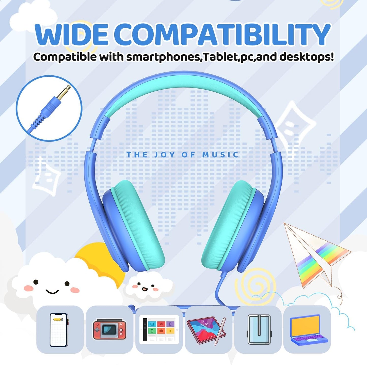 Wired Headphones for Kids, 85Db Volume Limit, 3.5Mm Kids Headphones with Cord, Adjustable, Stereo Sound Foldable Toddler Headsets for School-Blue