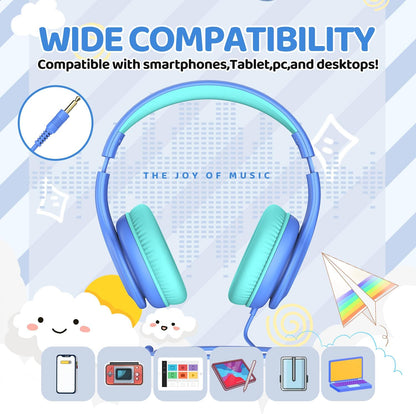 Wired Headphones for Kids, 85Db Volume Limit, 3.5Mm Kids Headphones with Cord, Adjustable, Stereo Sound Foldable Toddler Headsets for School-Blue