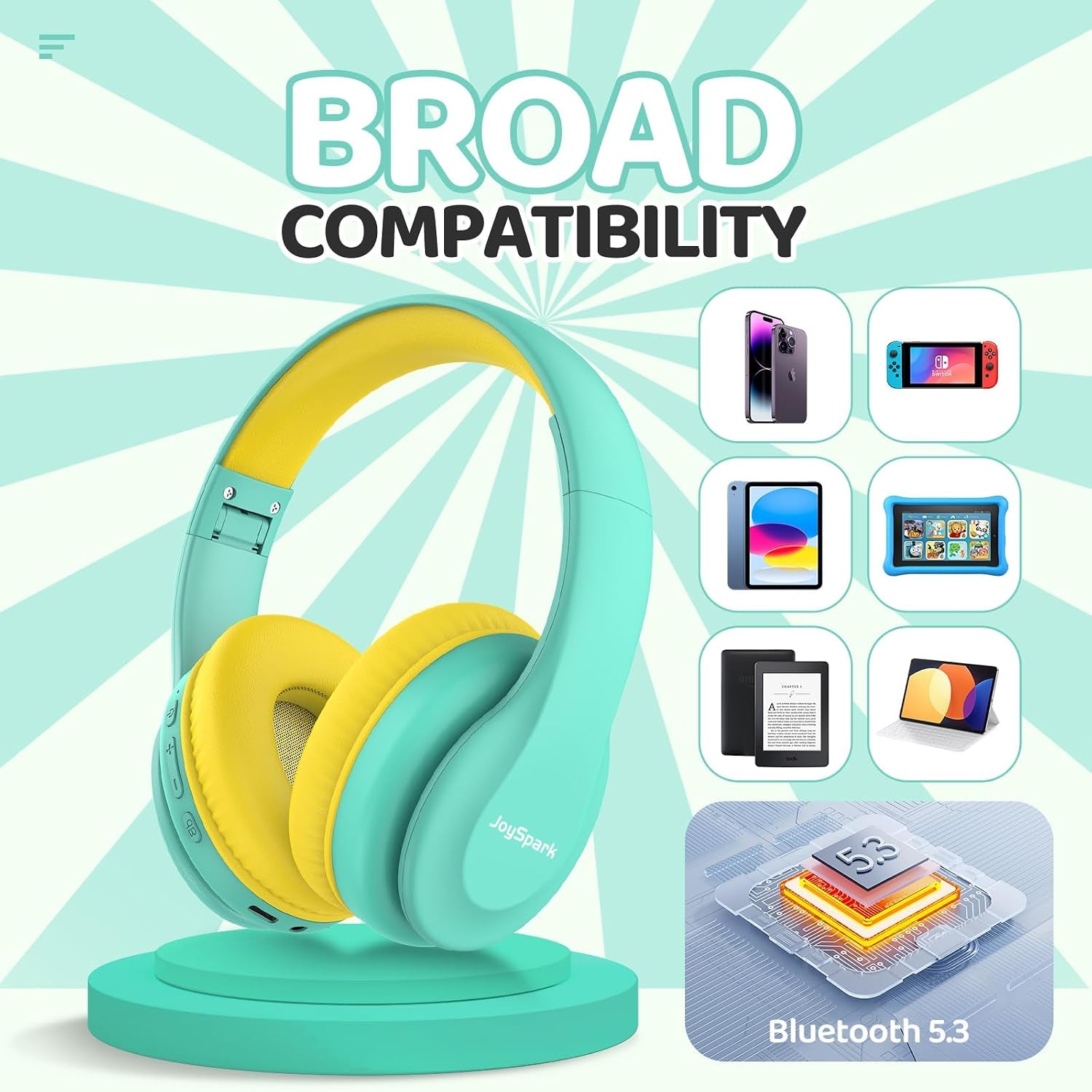 Kids Bluetooth Headphones Over-Ear, 60Hrs, Built-In Mic-Green