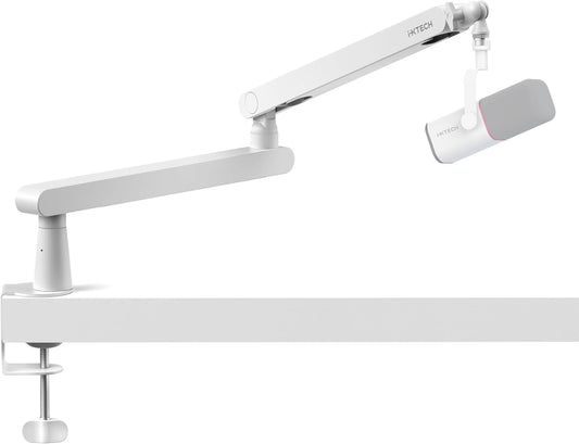White Microphone Boom Arm Stand Low Profile Boom Arm Adjustable Mic Stand with Built in Cable Management 360° Swivel Mic Arm.