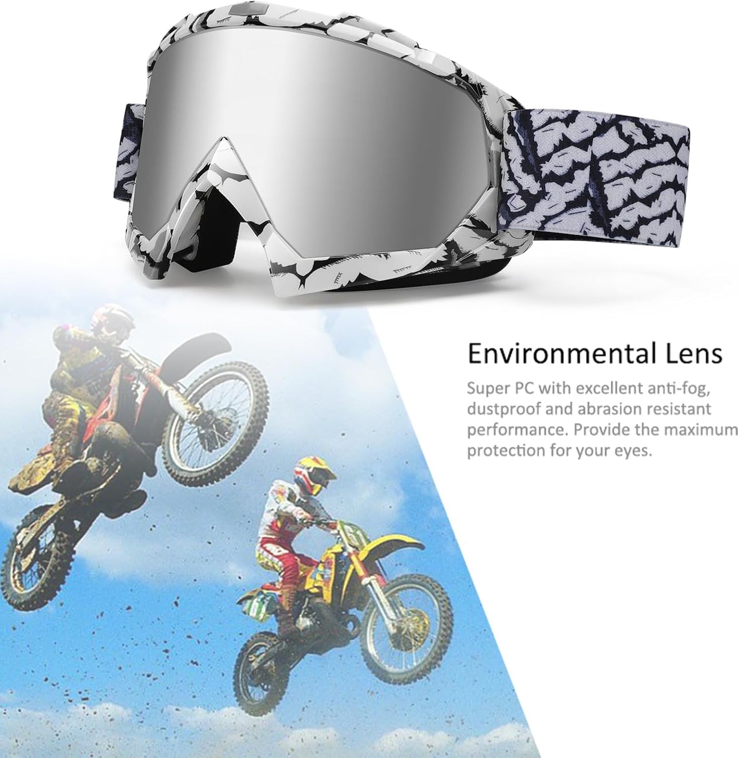 Dirt Bike Goggles - Polarized MX Helmet Goggles for ATV, Motocross | Off-Road & Ski Eyewear, UV400, anti Fog Scratch Lens, Windproof Dustproof, for Youth Men & Women - Sliver Lens