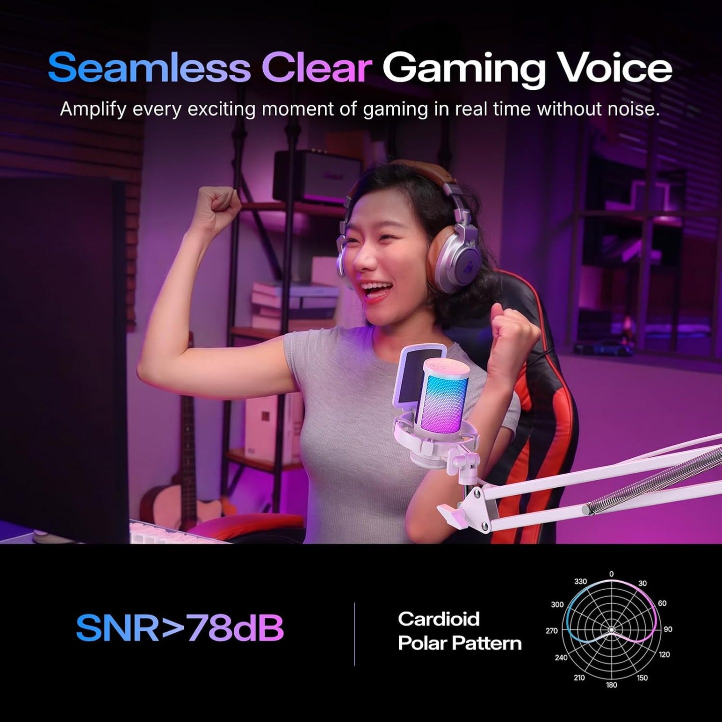 DGM20S USB Microphone for PC with Clear Voice & Noise Reduction | RGB Lighting, Tap-To-Mute, Gain Control, Monitoring and Boom Arm for Discord Gaming, Streaming, Content Creation.White