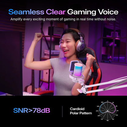 DGM20S USB Microphone for PC with Clear Voice & Noise Reduction | RGB Lighting, Tap-To-Mute, Gain Control, Monitoring and Boom Arm for Discord Gaming, Streaming, Content Creation.White